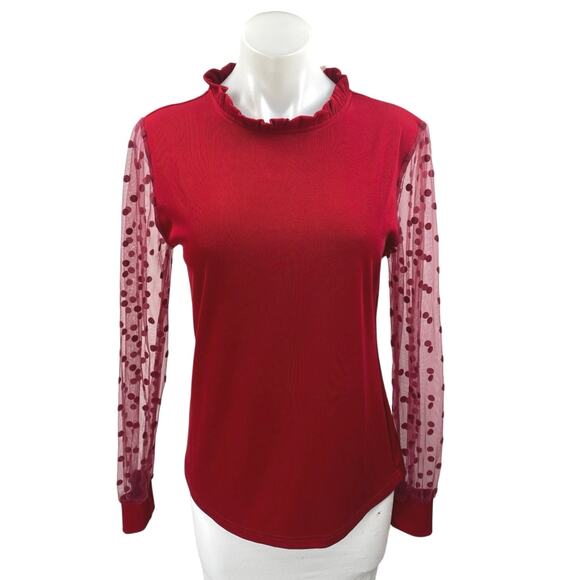 B Red Long Sleeve Mesh Polka Dots Ribbed Knit Mock Neck Ruffle Blouse Top Size M - Picture 1 of 4